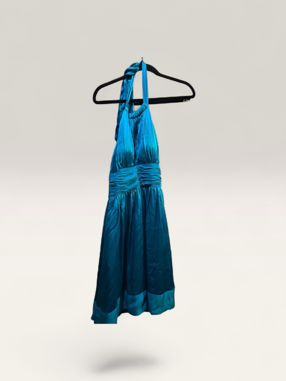 Vintage Cache 100% silk Teal Halter Cocktail Dress open back ruched waist size 2